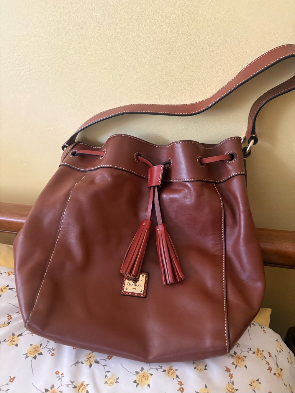 Dooney & Bourke Cognac Leather Drawstring Tassel Bucket Bag free shipping